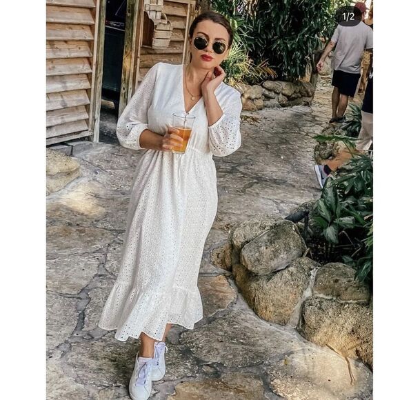 ZARA CUTWORK EMBROIDERY WHITE V-NECK MIDI DRESS - Picture 5 of 8